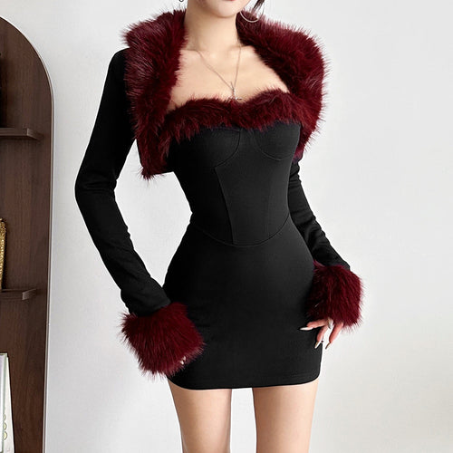 Long sleeve fluffy shrug 2 piece mini dress  | Festival Outfits Women