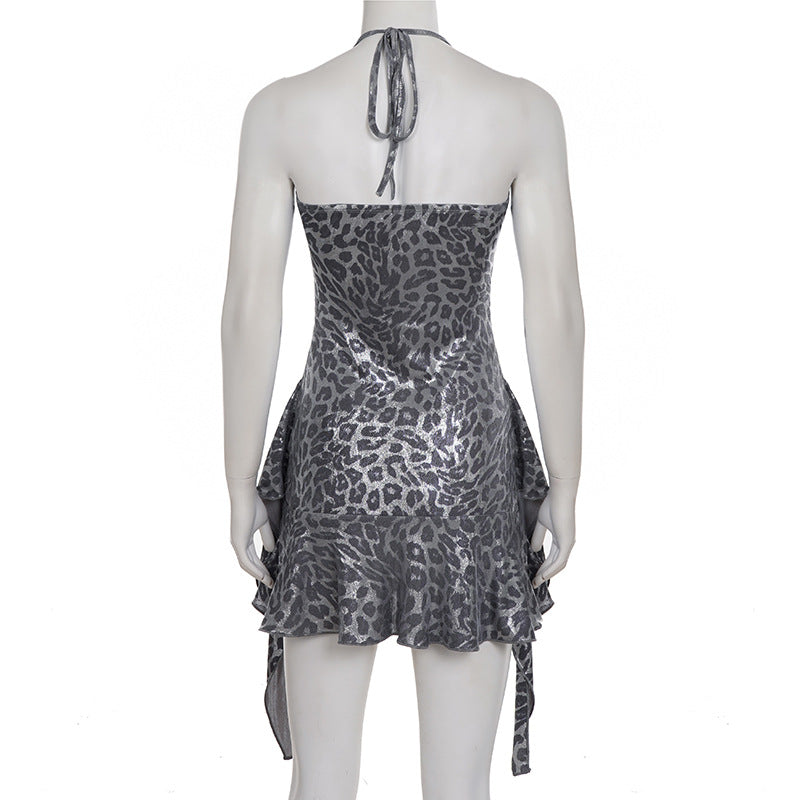Halter v neck leopard print ruffle mini dress  | Festival Outfits Women  | Leopard Print Mini Dress
