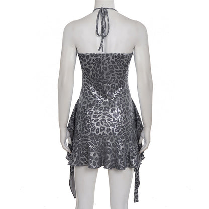 Halter v neck leopard print ruffle mini dress  | Festival Outfits Women  | Leopard Print Mini Dress