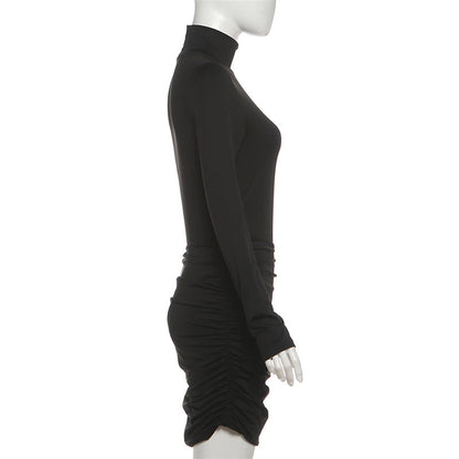 Ruched high neck long sleeve button mini dress  | Festival Outfits Women