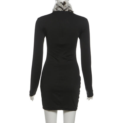 High neck fluffy long sleeve zip-up mini dress  | Festival Outfits Women