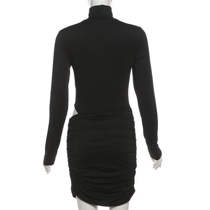 Ruched high neck long sleeve button mini dress  | Festival Outfits Women