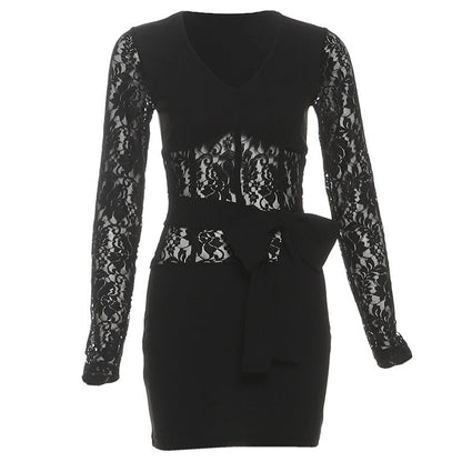 Long sleeve lace v neck bowknot mini dress  | Festival Outfits Women