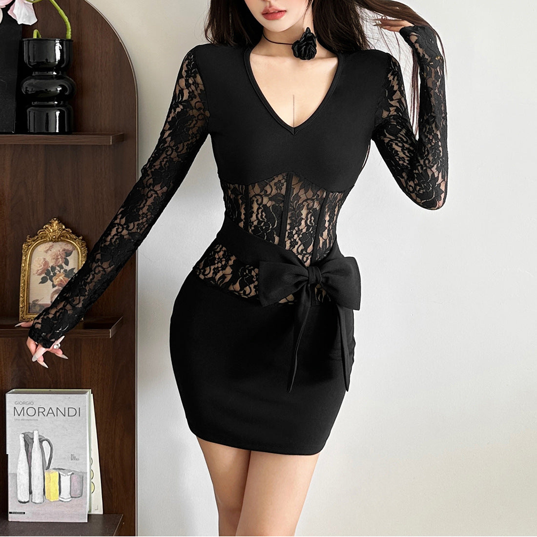 Long sleeve lace v neck bowknot mini dress  | Festival Outfits Women
