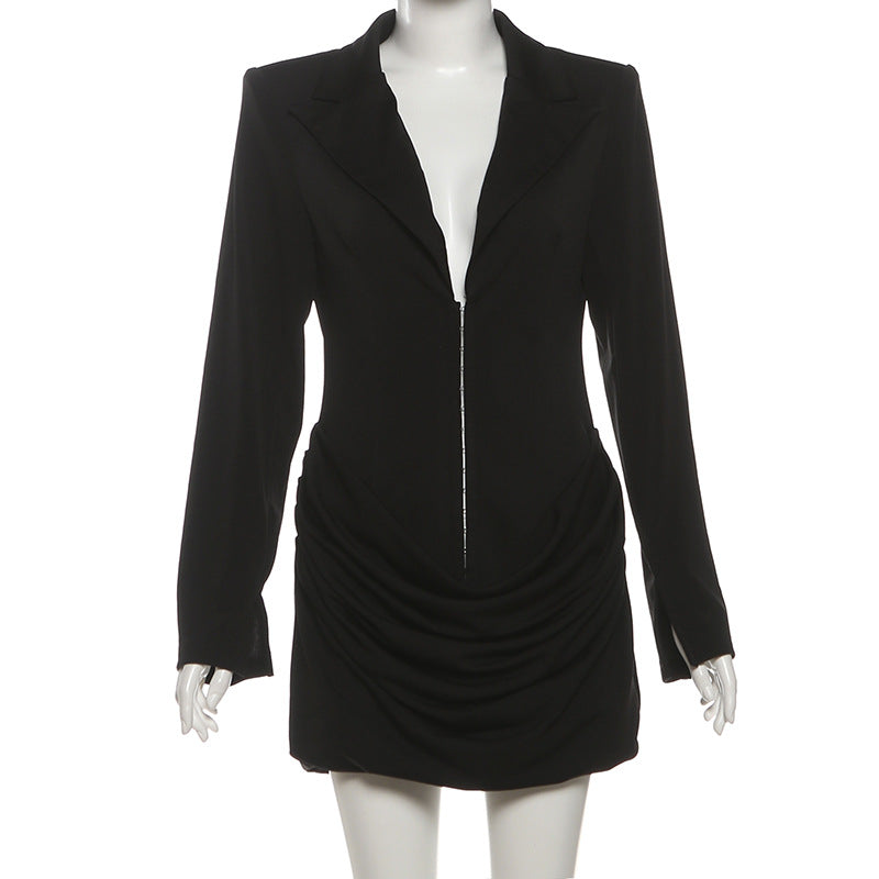 Long sleeve ruched deep v neck solid mini dress  | Festival Outfits Women
