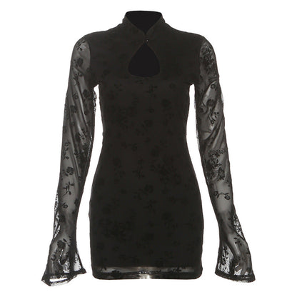 Long flared sleeve hollow out flower print cut out mini dress  | Festival Outfits Women