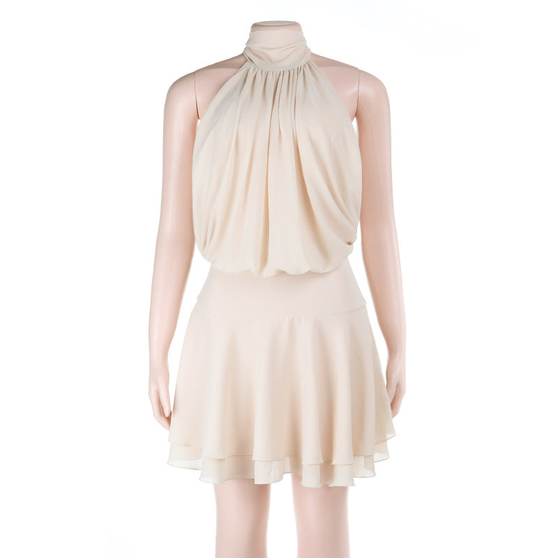Ruched self tie halter chiffon zip-up mini dress  | Festival Outfits Women