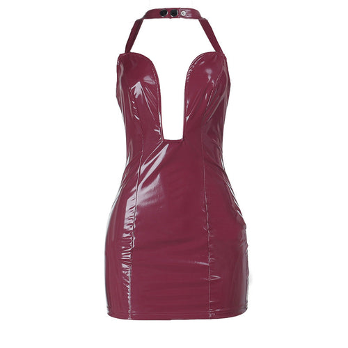 Notch neck PU leather zip-up halter mini dress  | Festival Outfits Women