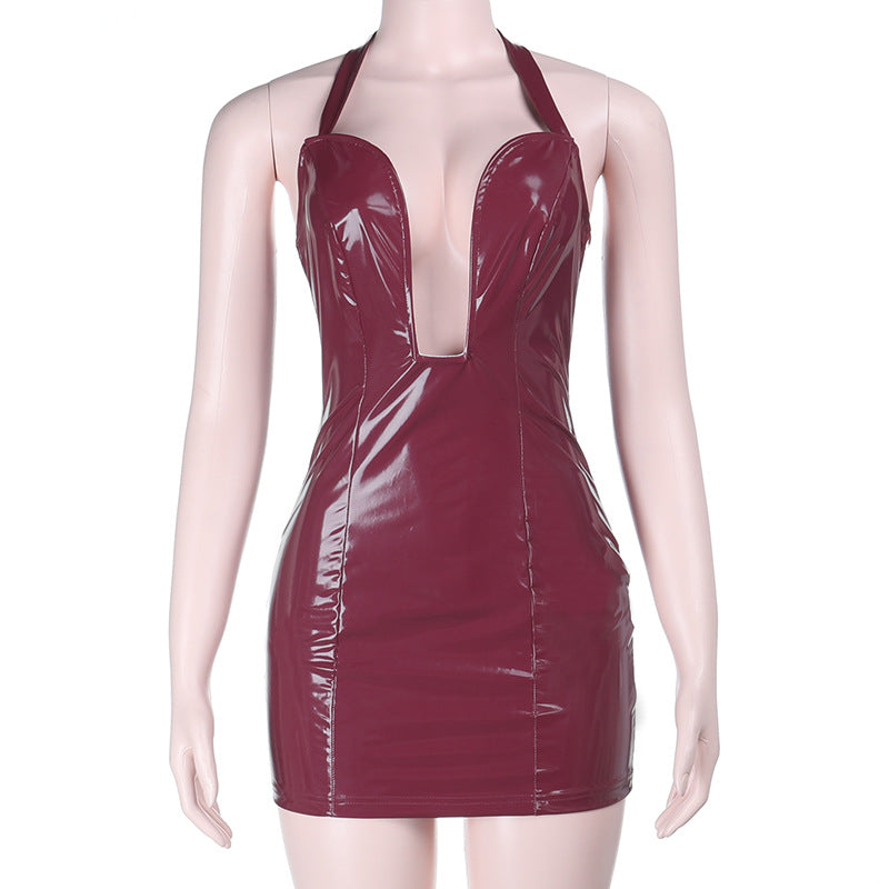 Notch neck PU leather zip-up halter mini dress  | Festival Outfits Women