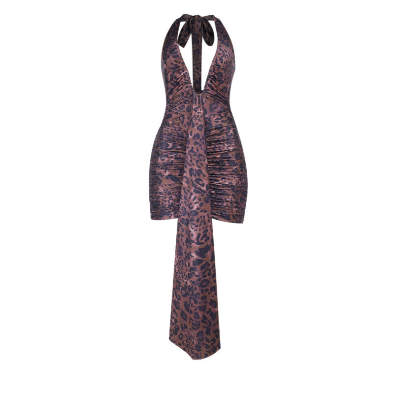 Leopard print v neck ruched halter self tie mini dress  | Festival Outfits Women  | Leopard Print Mini Dress