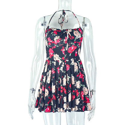 Self tie halter flower print ruched mini dress  | Festival Outfits Women