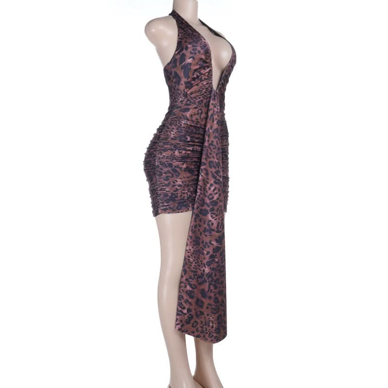 Leopard print v neck ruched halter self tie mini dress  | Festival Outfits Women  | Leopard Print Mini Dress