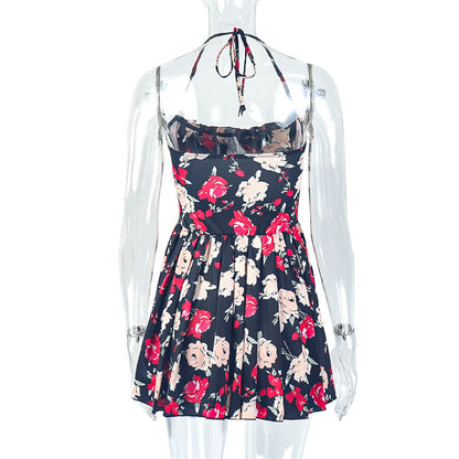 Self tie halter flower print ruched mini dress  | Festival Outfits Women