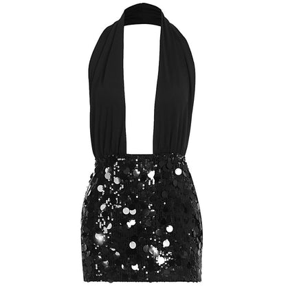 Halter glitter backless square neck mini dress  | Festival Outfits Women