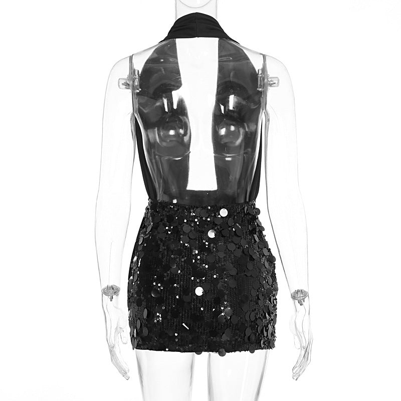 Halter glitter backless square neck mini dress  | Festival Outfits Women
