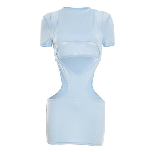 Hollow out crewneck short sleeve mesh cut out mini dress  | Festival Outfits Women