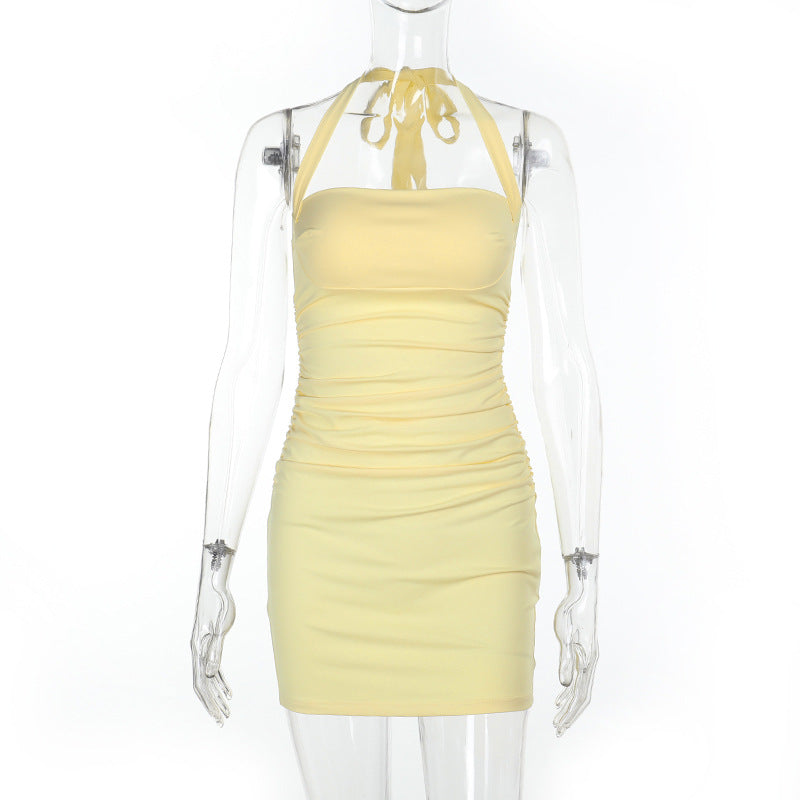 Ruched square neck halter self tie mini dress  | Festival Outfits Women
