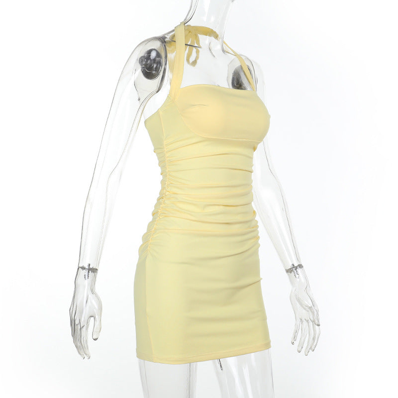 Ruched square neck halter self tie mini dress  | Festival Outfits Women