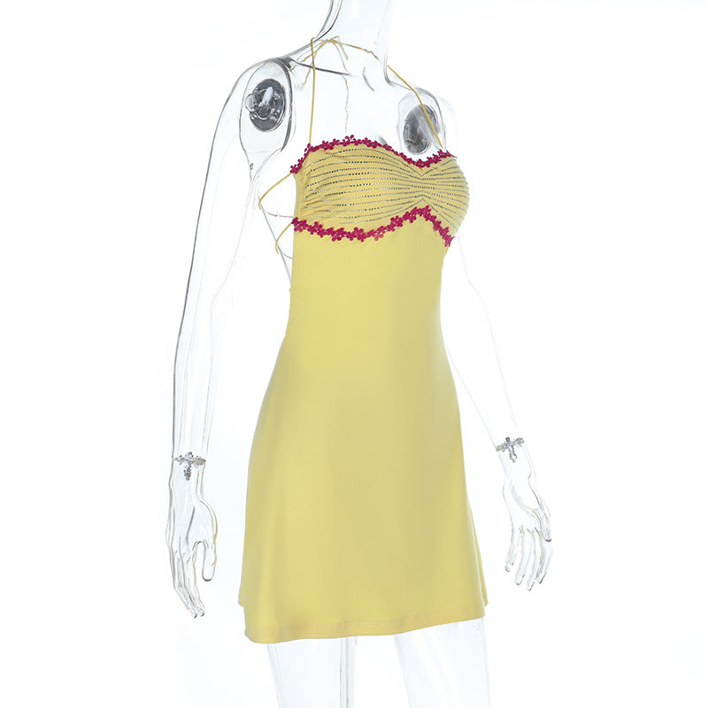 Self tie halter backless contrast mini dress  | Festival Outfits Women
