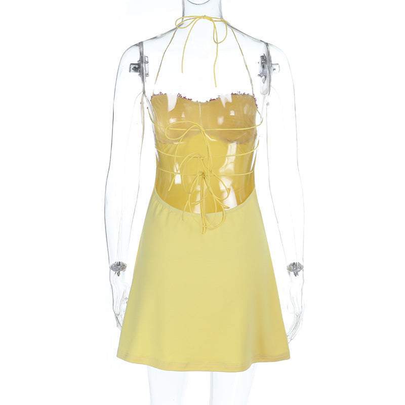 Self tie halter backless contrast mini dress  | Festival Outfits Women
