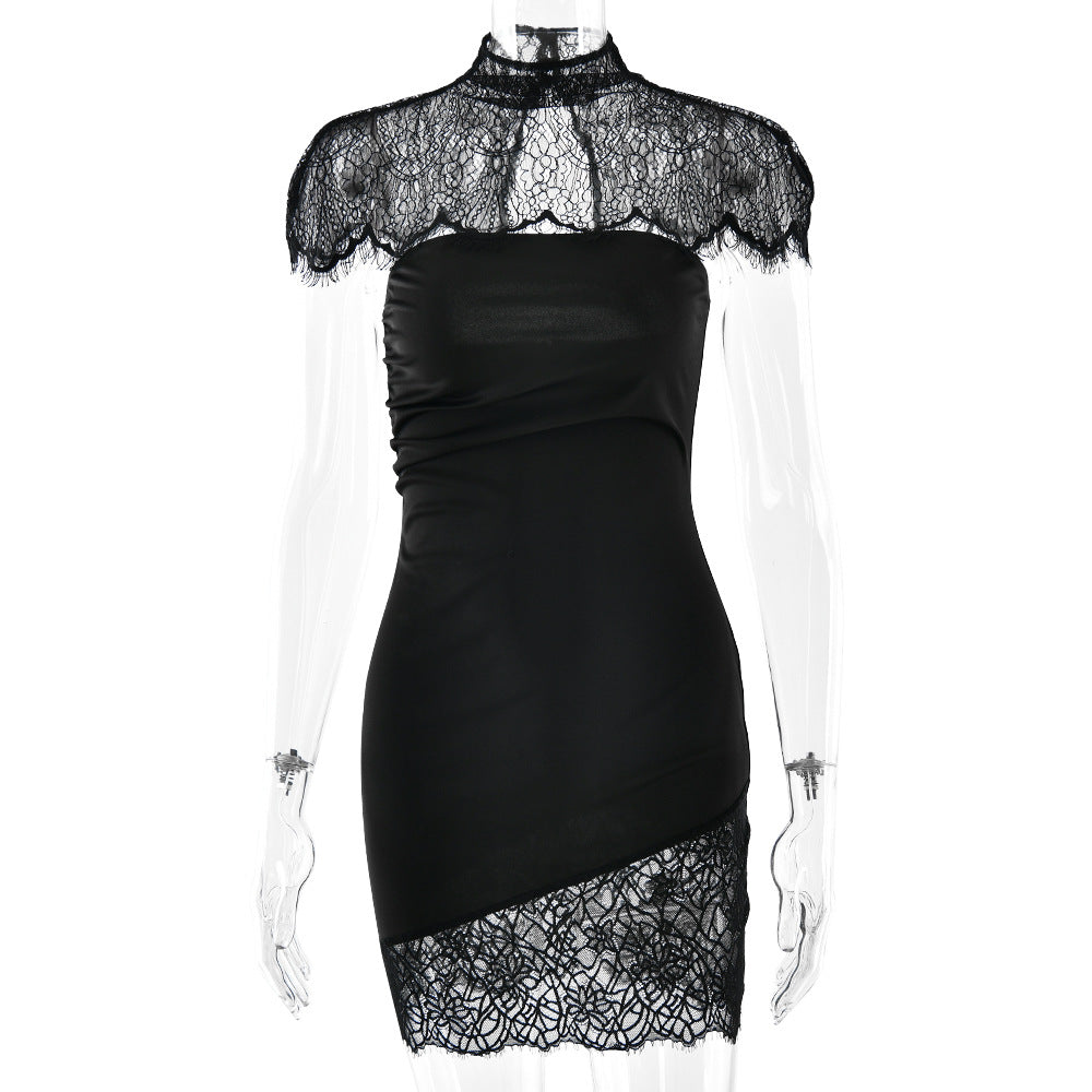 High neck lace ruched irregular 2 piece mini dress  | Festival Outfits Women