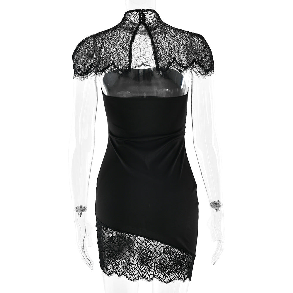High neck lace ruched irregular 2 piece mini dress  | Festival Outfits Women