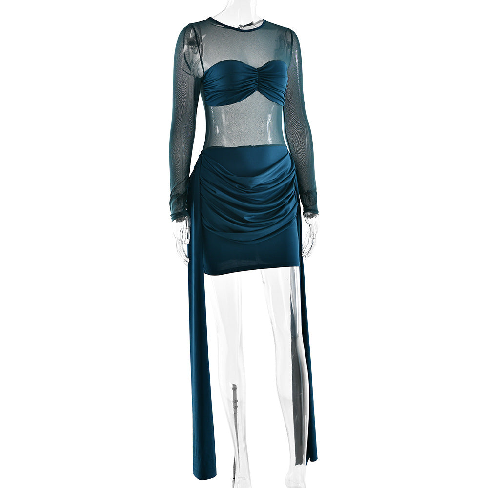 Crewneck long sleeve ruched mesh mini dress  | Festival Outfits Women