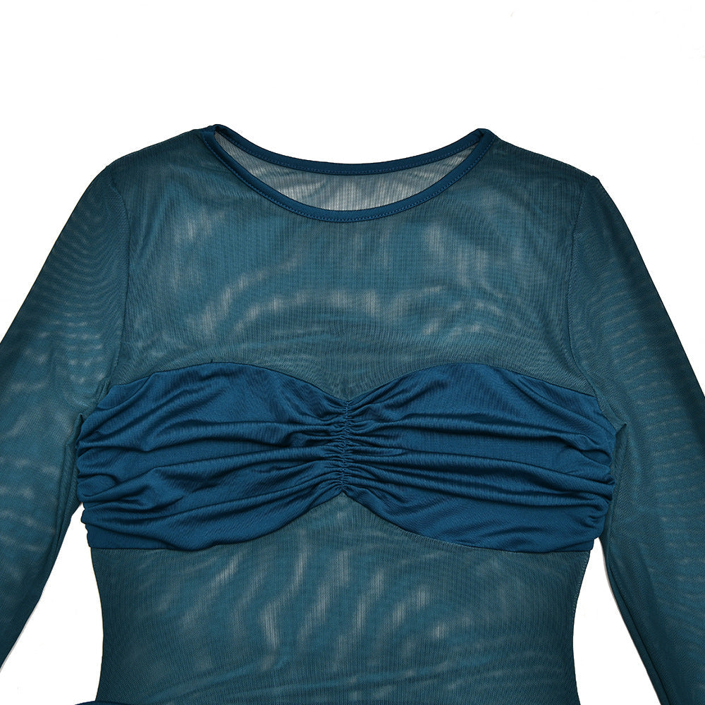 Crewneck long sleeve ruched mesh mini dress  | Festival Outfits Women