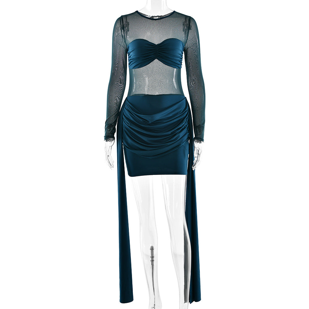 Crewneck long sleeve ruched mesh mini dress  | Festival Outfits Women