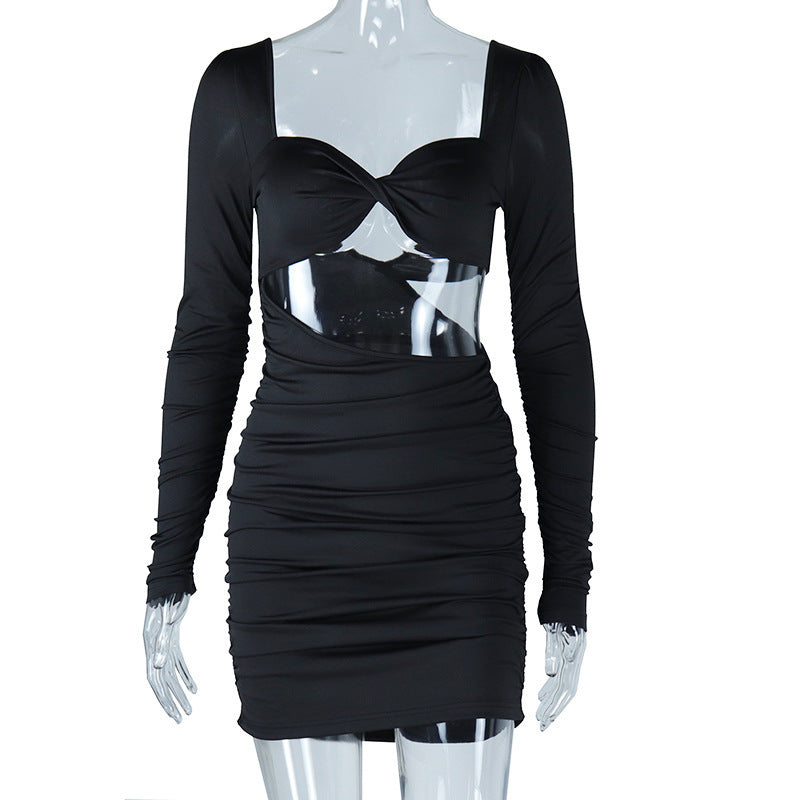 Long sleeve hollow out v neck ruched cut out mini dress  | Festival Outfits Women