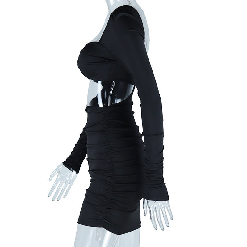Long sleeve hollow out v neck ruched cut out mini dress  | Festival Outfits Women