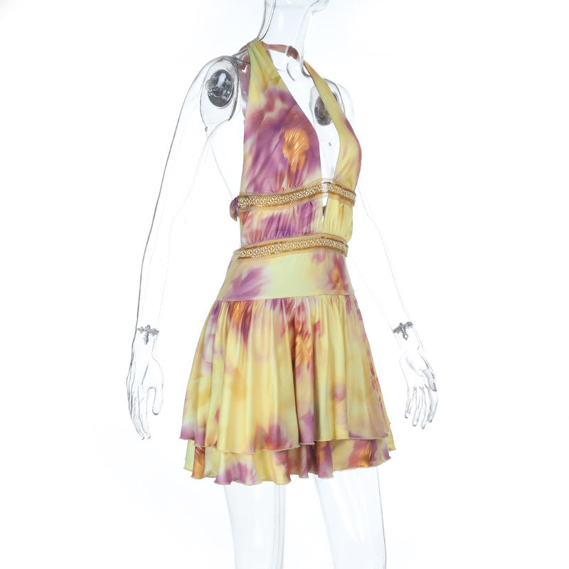 Halter self tie print deep v neck mini dress  | Festival Outfits Women