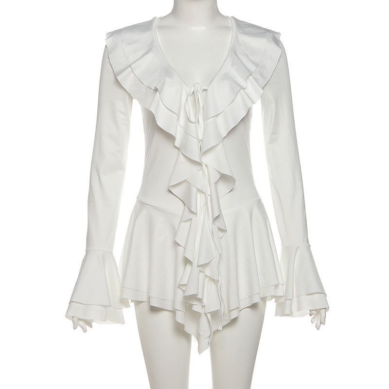 Long flared sleeve ruffle v neck self tie mini dress  | Festival Outfits Women