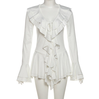 Long flared sleeve ruffle v neck self tie mini dress  | Festival Outfits Women