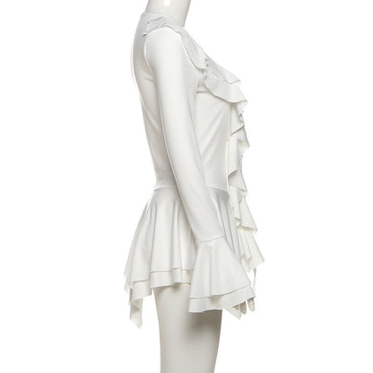 Long flared sleeve ruffle v neck self tie mini dress  | Festival Outfits Women