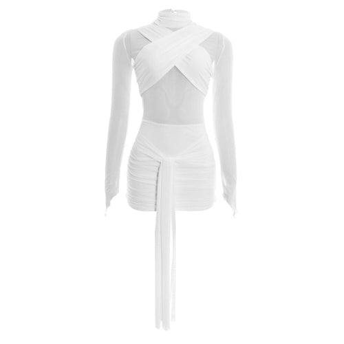 High neck button long sleeve mesh ruched mini dress  | Festival Outfits Women