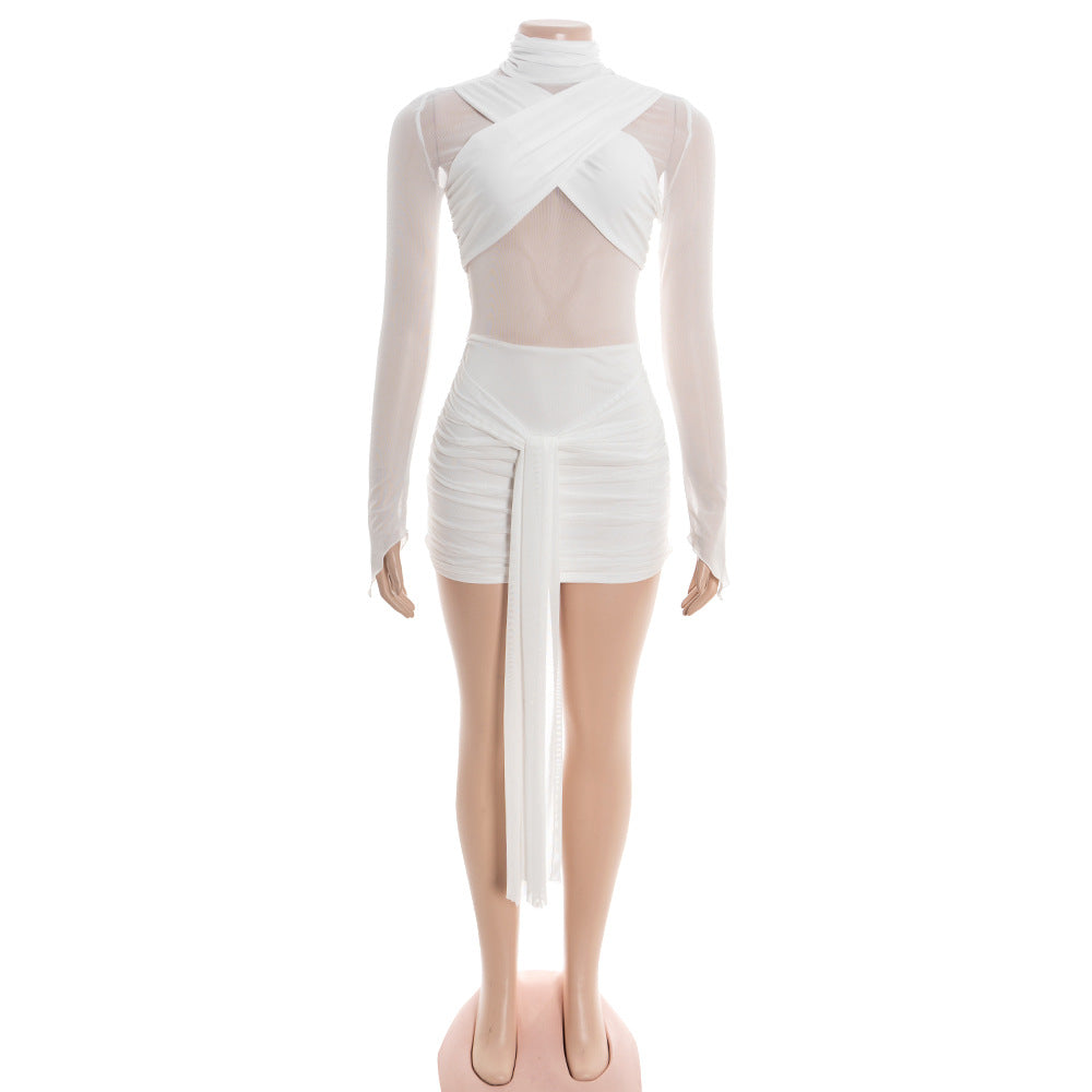 High neck button long sleeve mesh ruched mini dress  | Festival Outfits Women