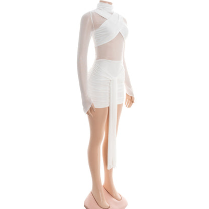 High neck button long sleeve mesh ruched mini dress  | Festival Outfits Women