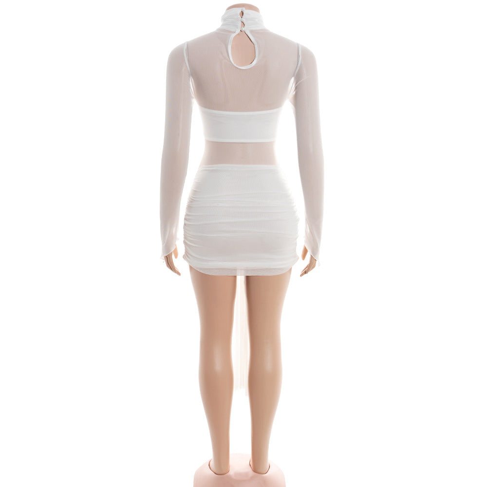 High neck button long sleeve mesh ruched mini dress  | Festival Outfits Women