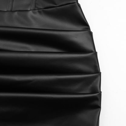 Pleated PU leather v neck backless cami mini dress  | Festival Outfits Women