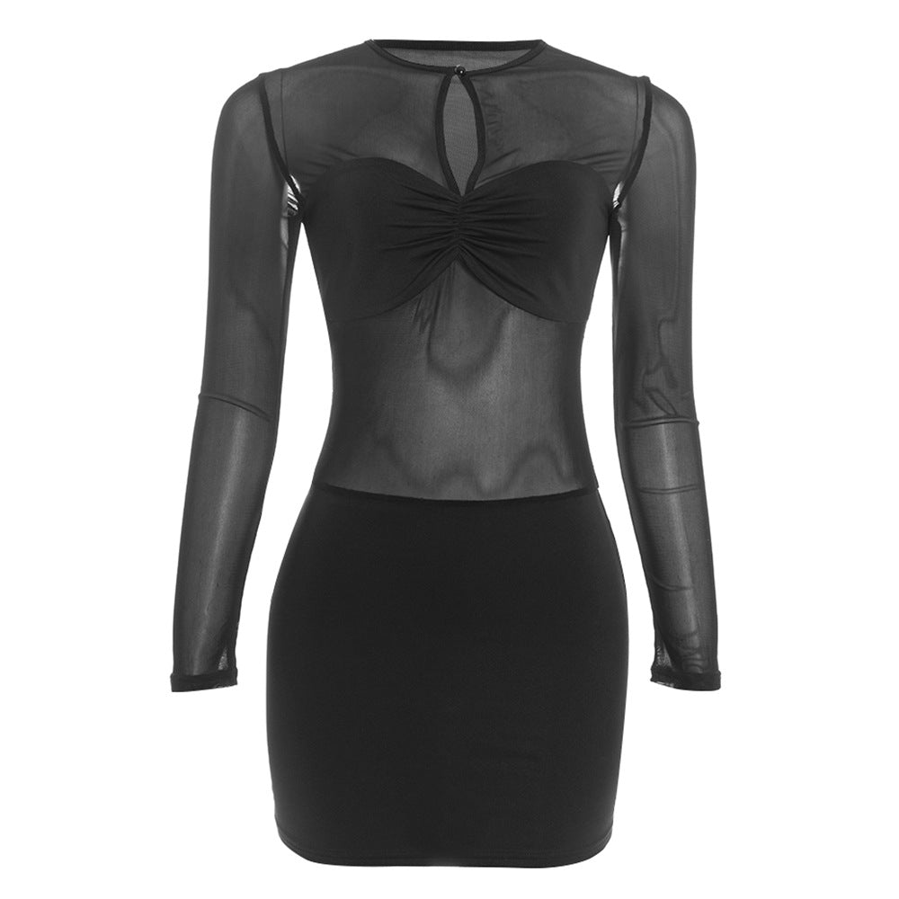 Long sleeve crewneck hollow out ruched mesh mini dress  | Festival Outfits Women