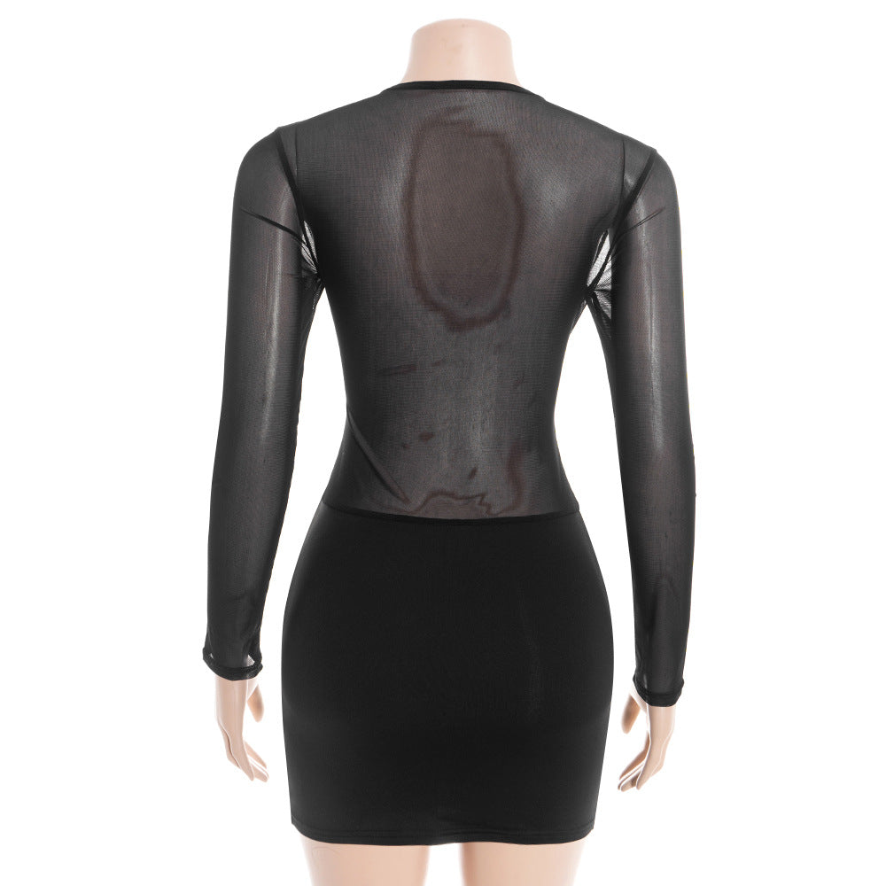 Long sleeve crewneck hollow out ruched mesh mini dress  | Festival Outfits Women
