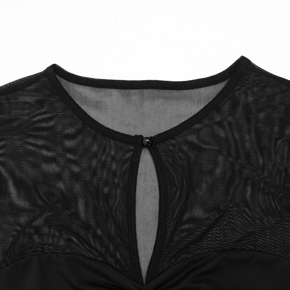 Long sleeve crewneck hollow out ruched mesh mini dress  | Festival Outfits Women