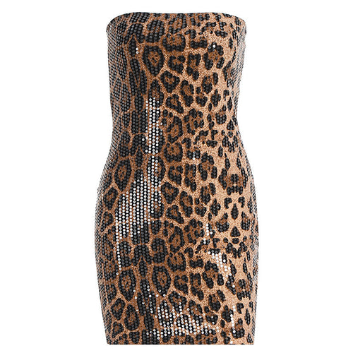Leopard print glitter backless tube mini dress  | Leopard Print Mini Dress  | Festival Outfits Women