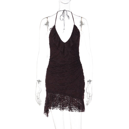 Halter self tie v neck ruffle lace ruched mini dress  | Festival Outfits Women