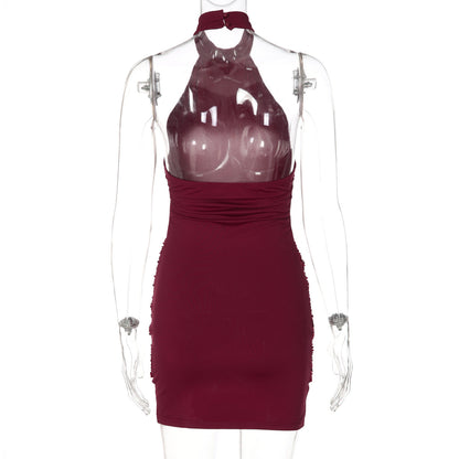 Glitter ruched button halter backless mini dress  | Festival Outfits Women