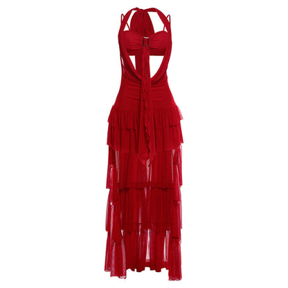 Self tie halter hollow out ruffle mesh mini dress  | Festival Outfits Women