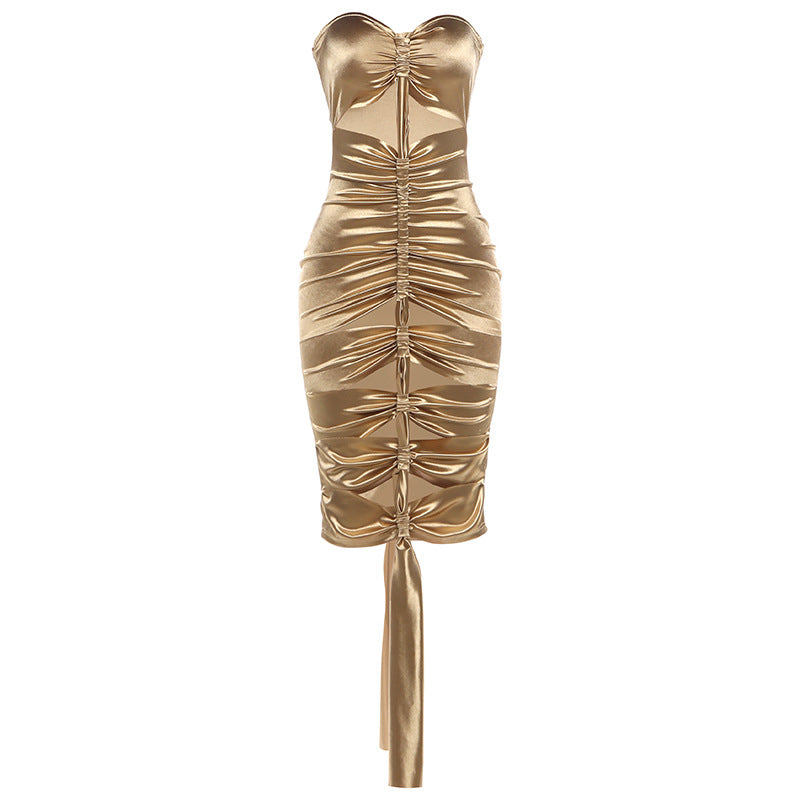Hollow out ruched metallic tube mini dress  | Festival Outfits Women