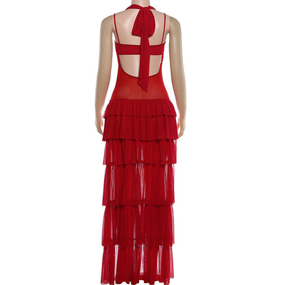 Self tie halter hollow out ruffle mesh mini dress  | Festival Outfits Women
