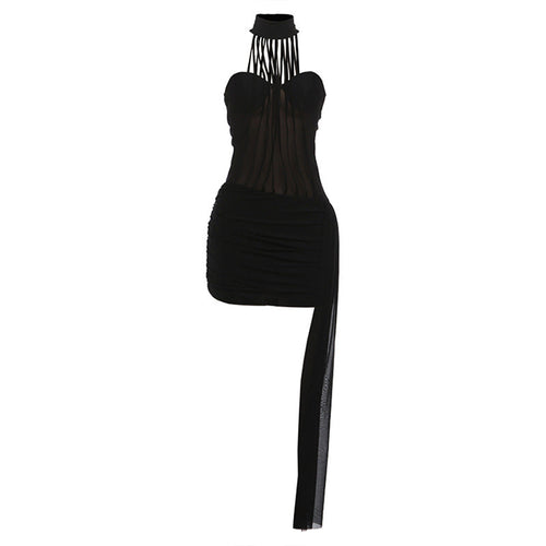 High neck ruched irregular mesh solid mini dress  | Festival Outfits Women